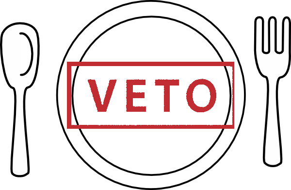 Image of a dining place setting with the word "veto" overlaid. The image is meant to depict the challenges that businesses such as restaurants face in appealing to groups of people with diverse requirements