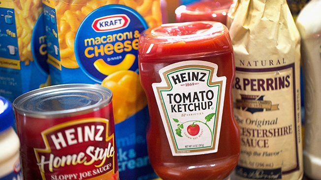 An array of Kraft and Heinz Products, such as Kraft Macaroni & Cheese and Heinz Tomato Ketchup.