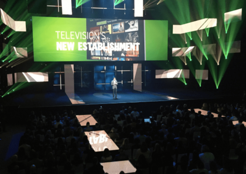 Hulu CEO Mike Hopkins stands on stage in front of 2,000 attendees at its NewFront presentation last week.