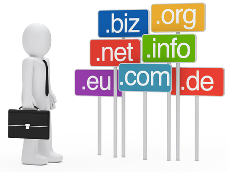 A businessman stares at a series of signs with various domain