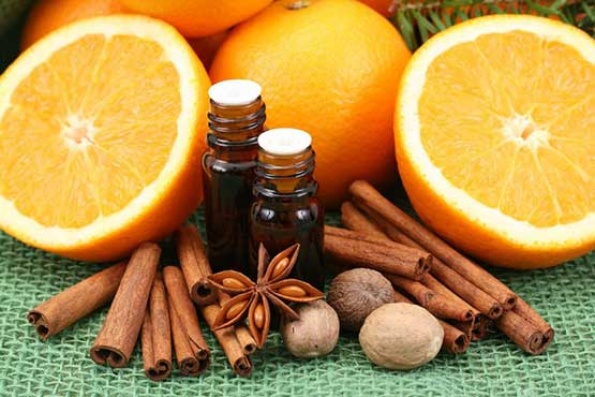 A picture of oranges, cinnamon sticks, and nuts surrounding two small vials of dark liquid. 
