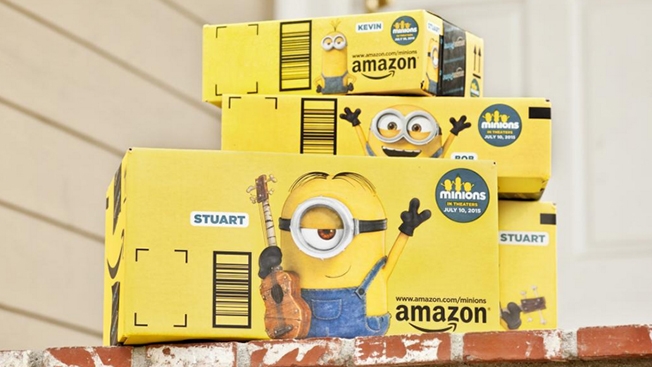 yellow Amazon shipping box featuring Minion characters.