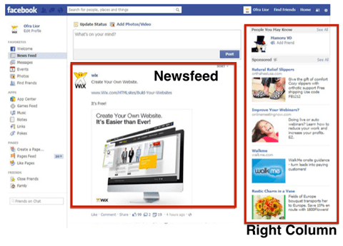 A screen shot of facebook’s news feed featuring advertisments.