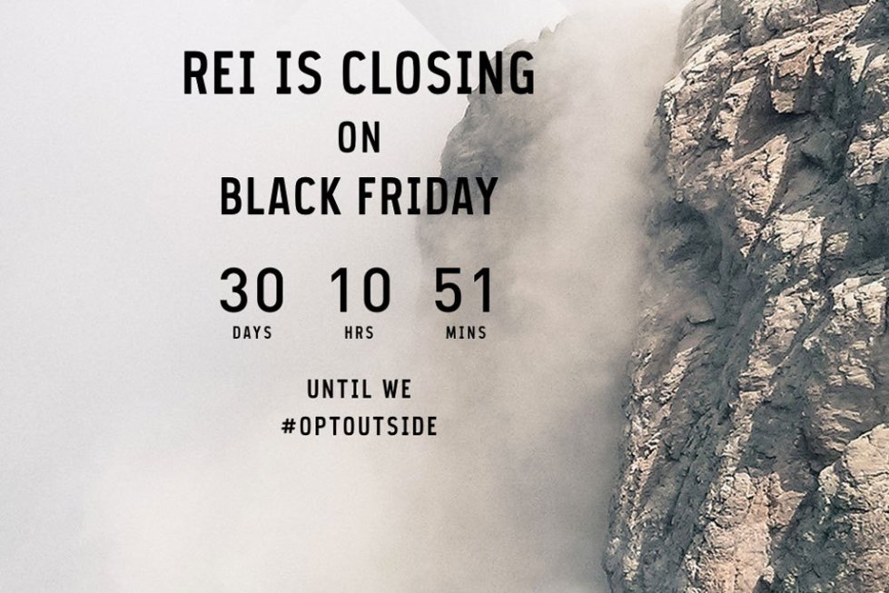 A picture of the side of a mountain with the words “ REI is closing on Black Friday” and a countdown clock with number of days, hours, and minutes until #optoutside.