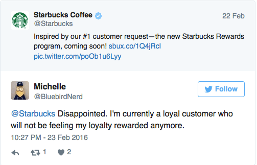 Tweet from Starbucks introducing new Starbucks Rewards Program and response by customer who is dissapointed in the new program. 